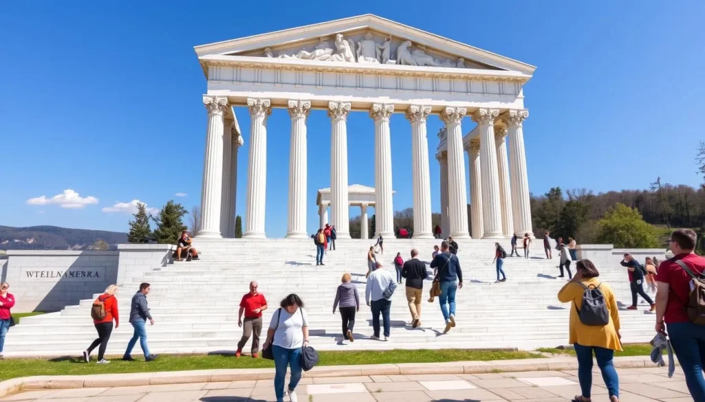 The Walhalla Memorial near Regensburg with its Greek-inspired architecture overlooking the Danube