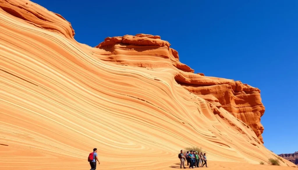 The Wave rock formation in nearby Vermilion Cliffs National Monument with its distinctive swirling patterns The Wave rock formation in nearby Vermilion Cliffs National Monument with its distinctive swirling patterns