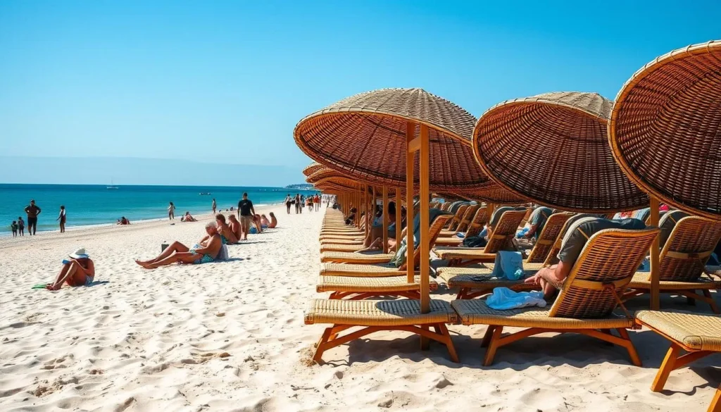 The beach at Travemünde near Lübeck with traditional beach chairs (Strandkörbe) and the Baltic Sea