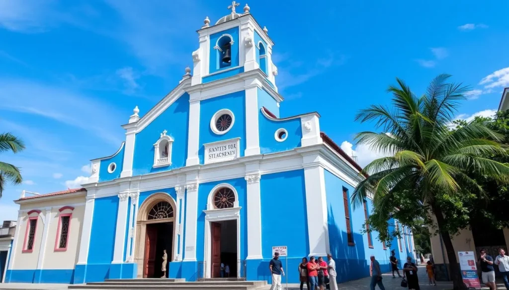 The blue facade of Iglesia Parroquial Mayor del Espíritu Santo in Sancti Spiritus