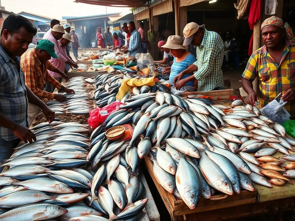 The bustling Awassa Fish Market with fishermen displaying their fresh catch and locals bargaining