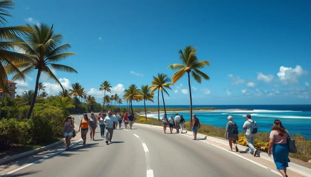 The coastal road around Nauru with palm trees and ocean views