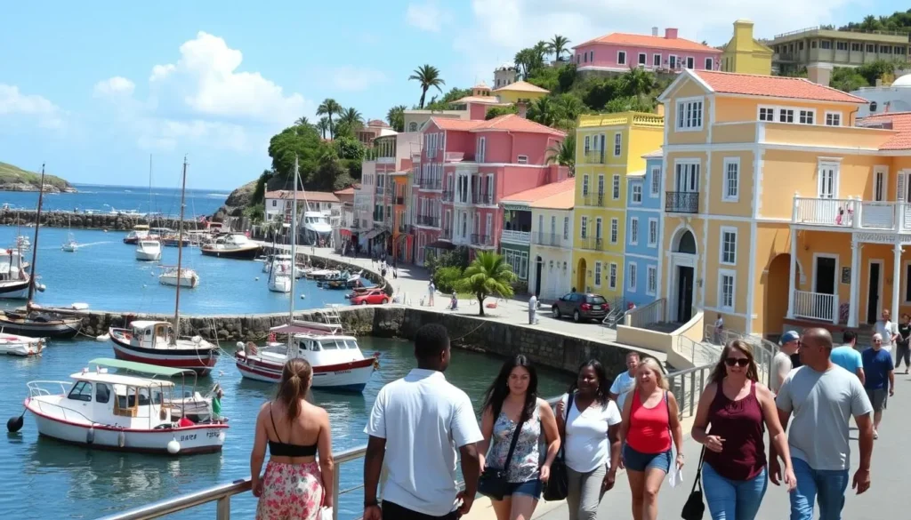 The colorful Carenage harbor in St. George's, Grenada with historic buildings and boats The colorful Carenage harbor in St. George's, Grenada with historic buildings and boats