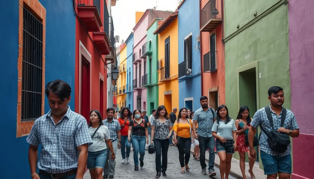 The colorful alleyways of Guanajuato with diverse tourists exploring the narrow streets