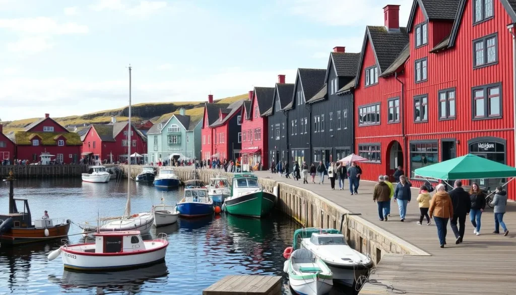 The colorful harbor area of Tórshavn with boats and traditional buildings