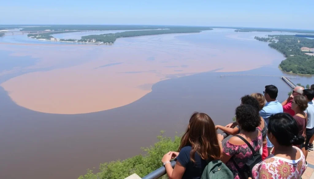 The confluence of the Mississippi and Ohio Rivers at Fort Defiance Park with tourists viewing the dramatic meeting of waters The confluence of the Mississippi and Ohio Rivers at Fort Defiance Park with tourists viewing the dramatic meeting of waters