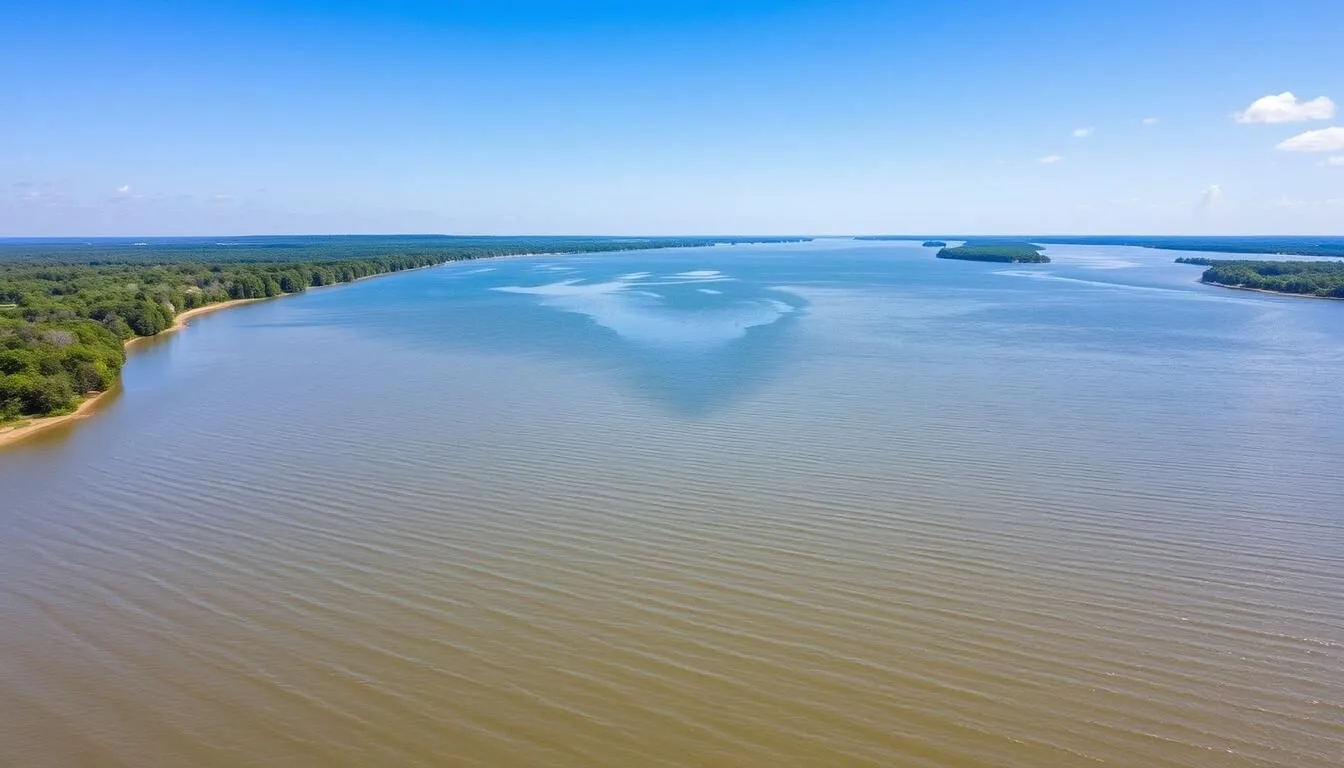 The confluence of the Mississippi and Ohio rivers at Fort Defiance State Park Illinois, showing the distinct color difference where the two mighty rivers meet