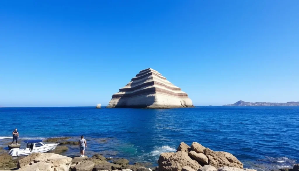 The distinctive Pyramid Point formation on San Clemente Island with clear blue waters surrounding it