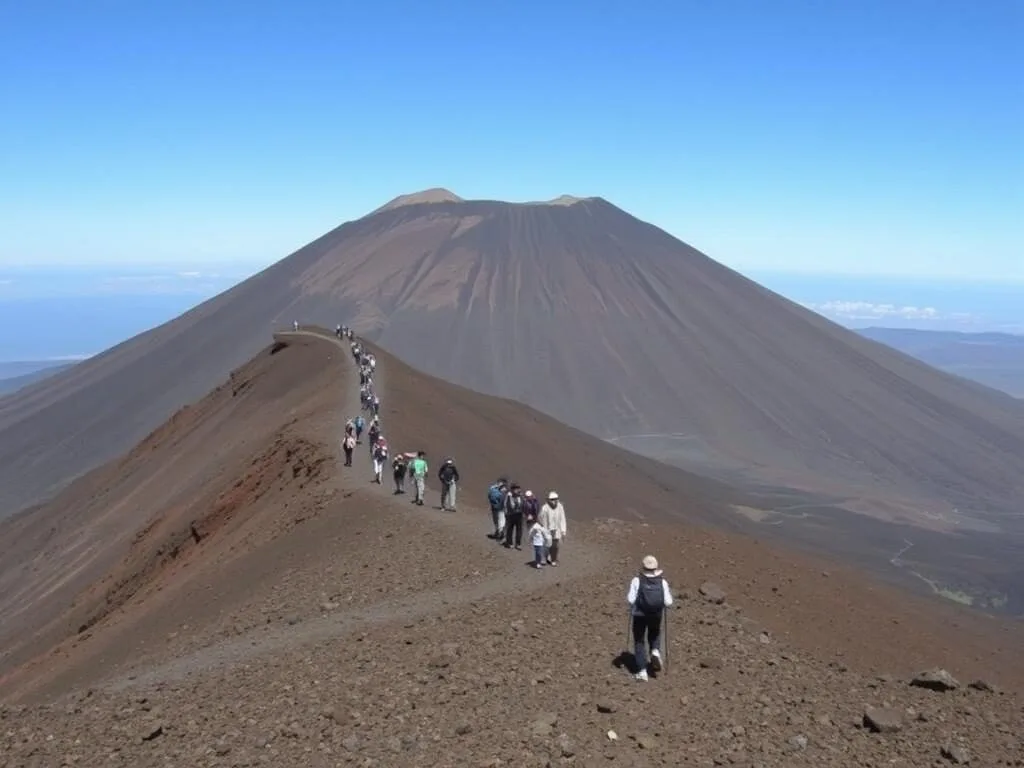 The dormant volcano Mount Fentale with hikers ascending the slope The dormant volcano Mount Fentale with hikers ascending the slope