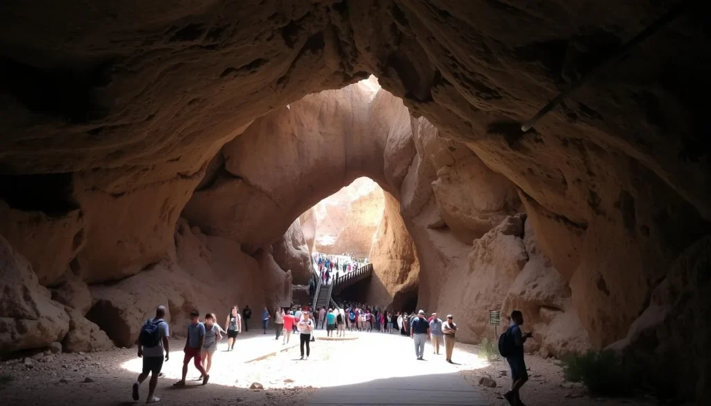 The dramatic Natural Entrance to Carlsbad Caverns with visitors descending into the cave The dramatic Natural Entrance to Carlsbad Caverns with visitors descending into the cave