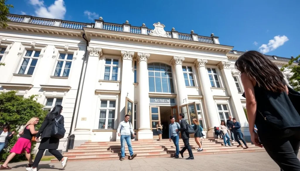 The elegant facade of Museum Wiesbaden with visitors entering the building