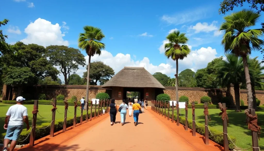 The entrance to Kasubi Tombs with information board showing opening hours and entrance fees