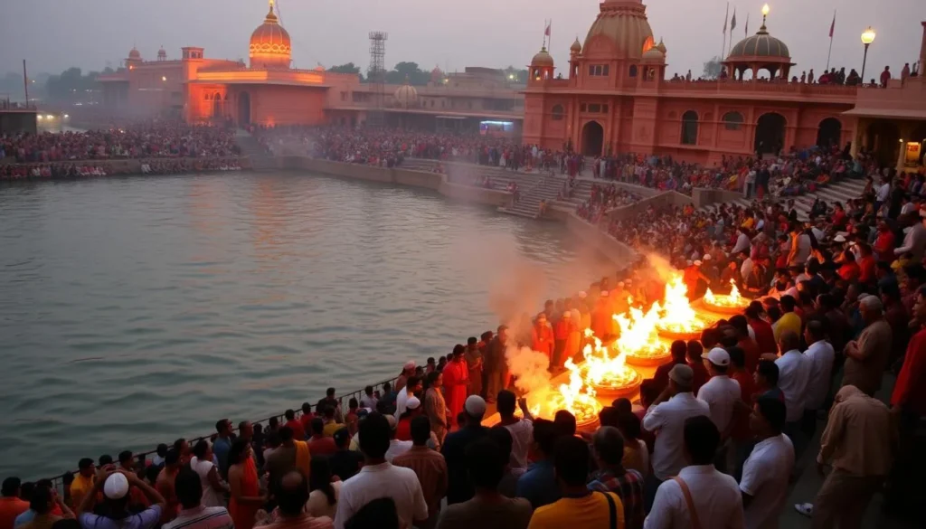The famous Dashashwamedh Ghat during evening Ganga Aarti ceremony with priests performing rituals with fire and diverse tourists watching