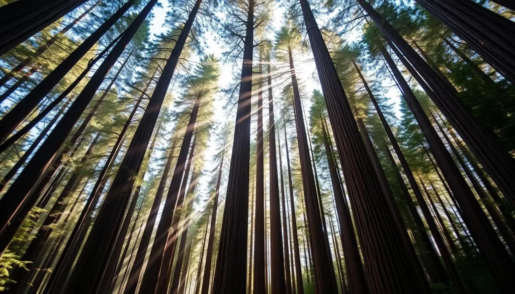 The famous Redwood Forest in Warburton with sunlight filtering through tall trees