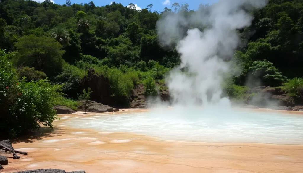 The famous Sempaya Hot Springs in Semuliki National Park with steam rising