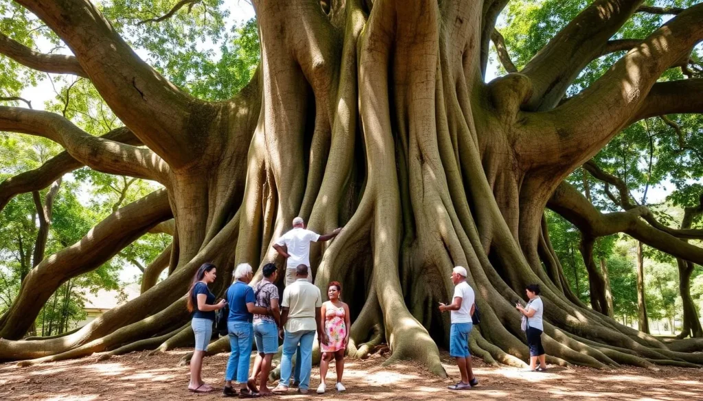 The famous silk cotton tree (Kamaka) in Santa Mission with tourists gathered around its massive trunk