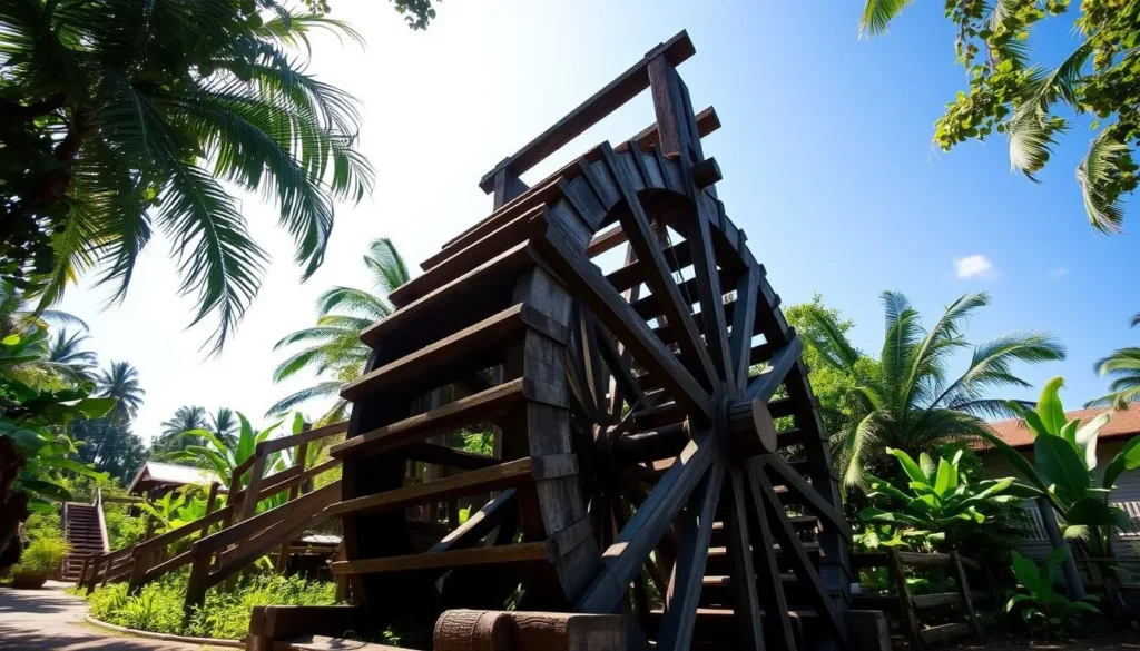 The historic Christianburg Waterwheel in Linden, a well-preserved industrial heritage site surrounded by tropical vegetation