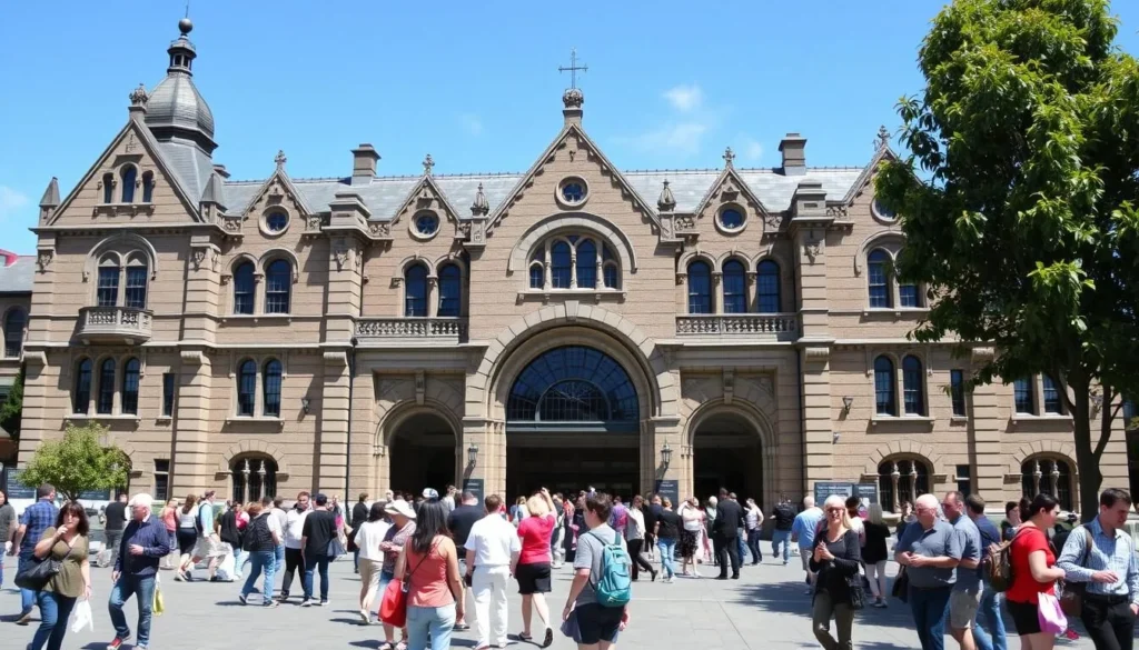 The historic Dunedin Railway Station with tourists exploring the area