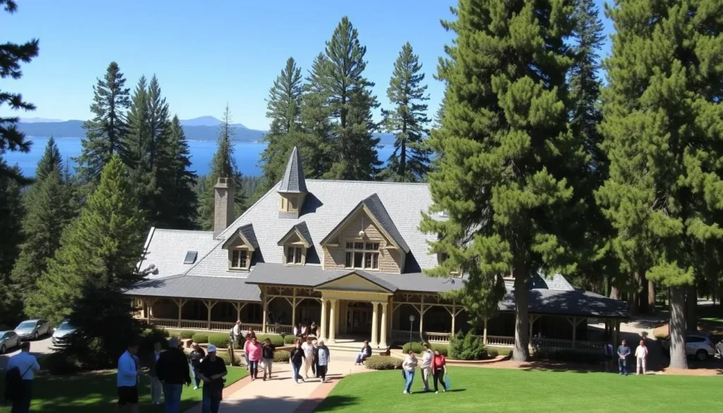 The historic Hellman-Ehrman Mansion (Pine Lodge) at Ed Z'berg Sugar Pine Point State Park with Lake Tahoe in the background The historic Hellman-Ehrman Mansion (Pine Lodge) at Ed Z'berg Sugar Pine Point State Park with Lake Tahoe in the background