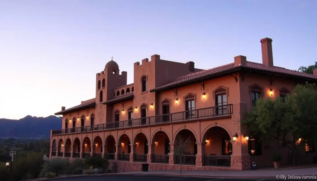 The historic Jerome Grand Hotel overlooking the Verde Valley at sunset