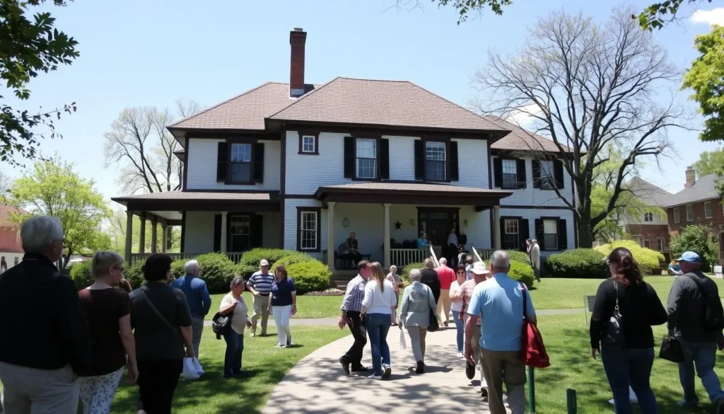 The historic Lincoln Home in Springfield with visitors touring the grounds