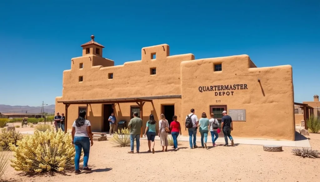 The historic Quartermaster Depot building at Colorado River State Historic Park with visitors exploring the exhibits