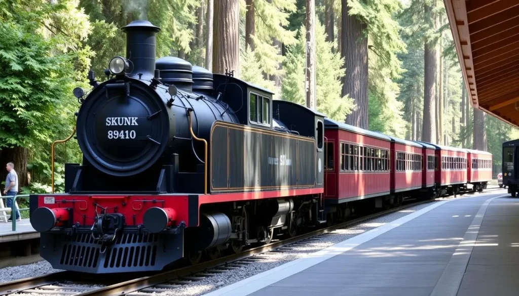 The historic Skunk Train departing from Fort Bragg near Glass Beach