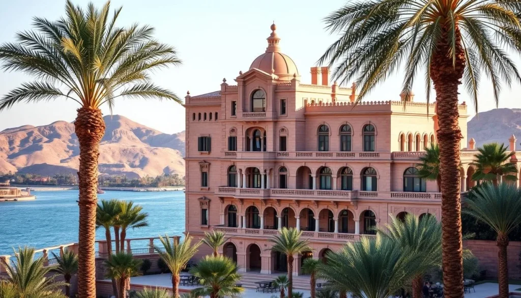 The historic Sofitel Legend Old Cataract Hotel in Aswan with its iconic architecture overlooking the Nile River