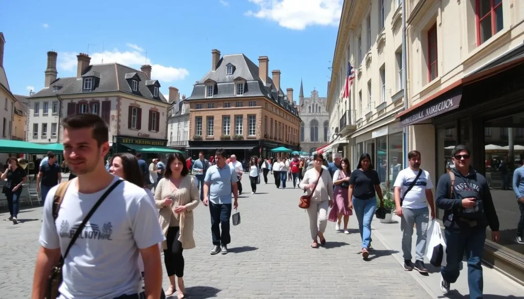 The historic center of Calais with pedestrians walking along cobblestone streets and charming architecture