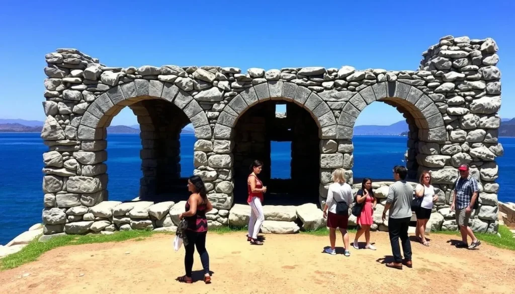 The historic stone tea house ruins at the top of Fannette Island with visitors exploring The historic stone tea house ruins at the top of Fannette Island with visitors exploring