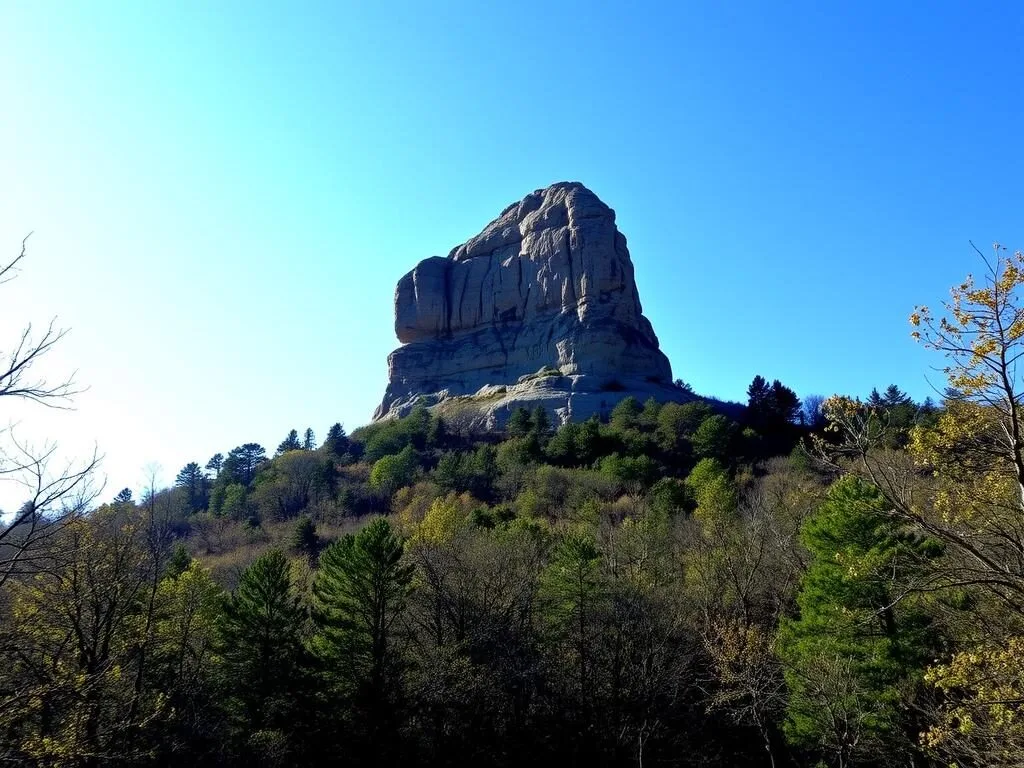 The iconic Castle Rock formation at Castle Rock State Park Illinois rising above the forest