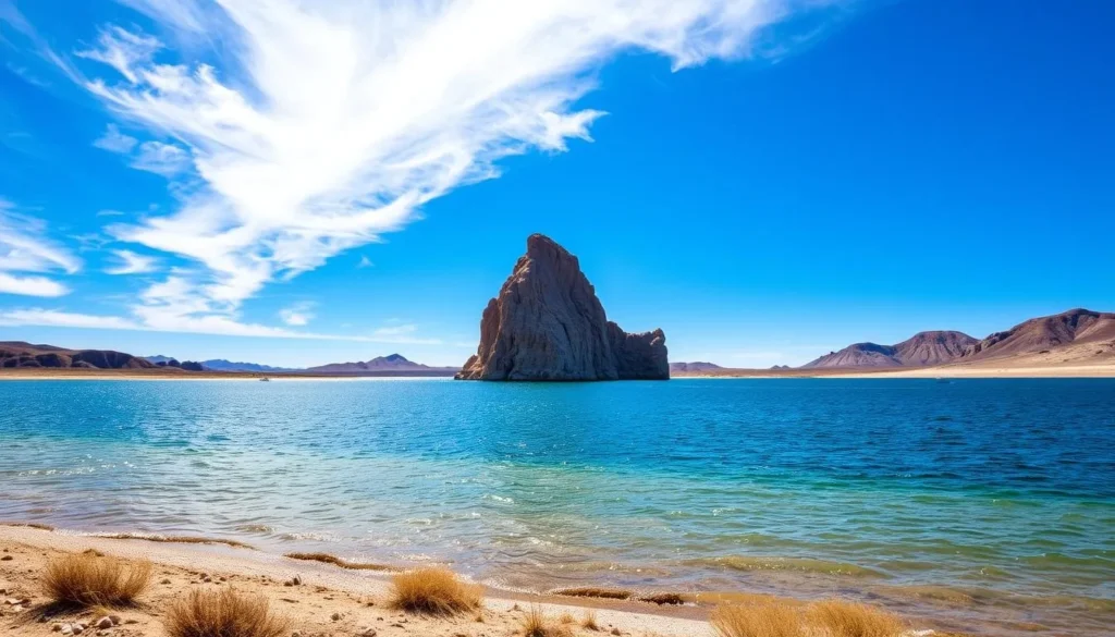 The iconic Elephant Butte formation rising from the lake waters