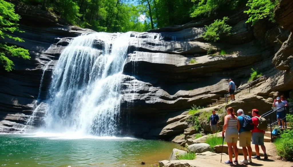 The impressive Big Rocky Hollow waterfall at Ferne Clyffe with hikers enjoying the view