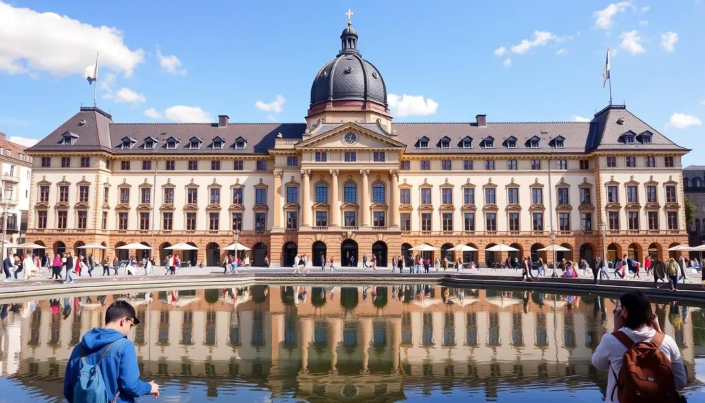 The impressive New Town Hall of Hannover with its distinctive dome and reflection in the water