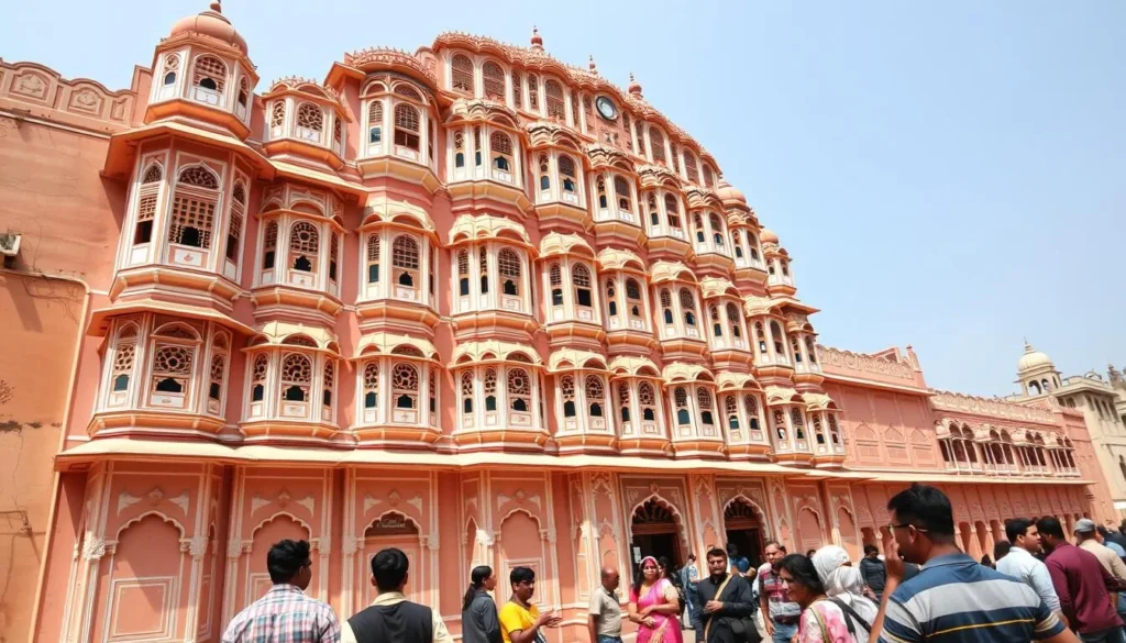 The intricate facade of Hawa Mahal (Palace of Winds) in Jaipur with its many windows
