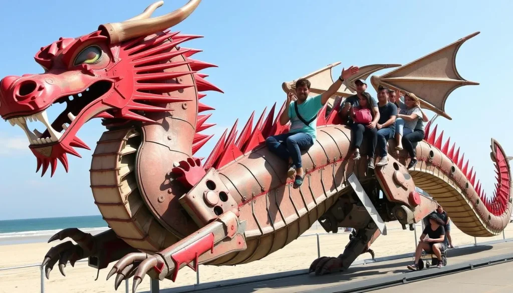 The magnificent Dragon of Calais mechanical sculpture carrying visitors along the Calais seafront