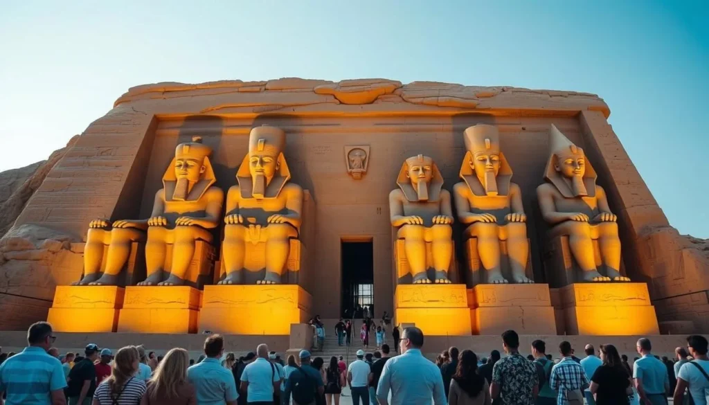 The magnificent facade of Abu Simbel temple with its four colossal statues of Ramesses II
