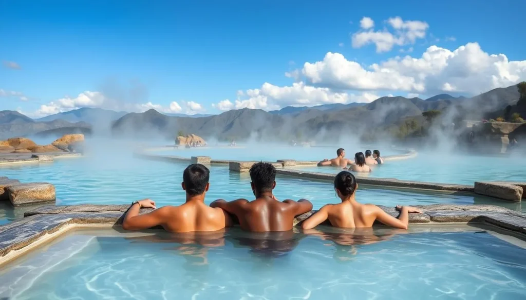The main hot mineral pools at Harbin Hot Springs California with natural stone surroundings and mountain views The main hot mineral pools at Harbin Hot Springs California with natural stone surroundings and mountain views