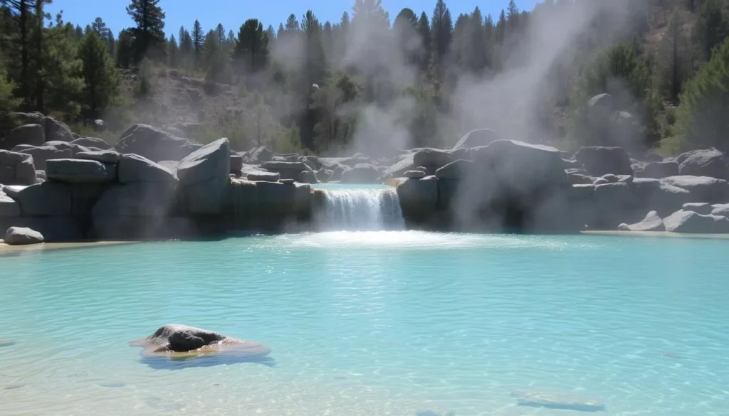 The main pool at Buckeye Hot Springs California with steam rising and surrounding forest The main pool at Buckeye Hot Springs California with steam rising and surrounding forest