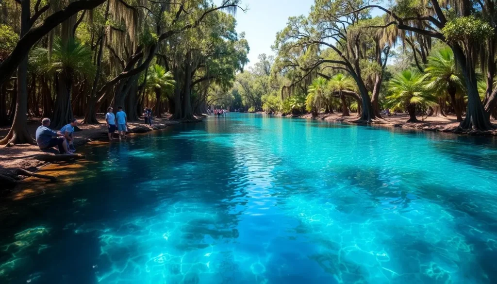 The main spring at Manatee Springs State Park with crystal clear blue water