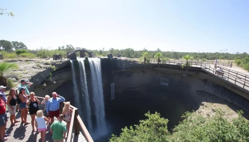 The main waterfall at Falling Waters State Park Florida with visitors on observation deck The main waterfall at Falling Waters State Park Florida with visitors on observation deck