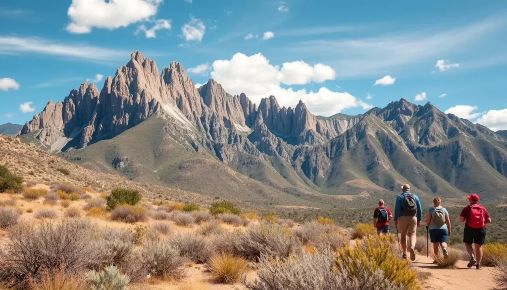 The majestic Guadalupe Mountains National Park with hikers on a trail The majestic Guadalupe Mountains National Park with hikers on a trail