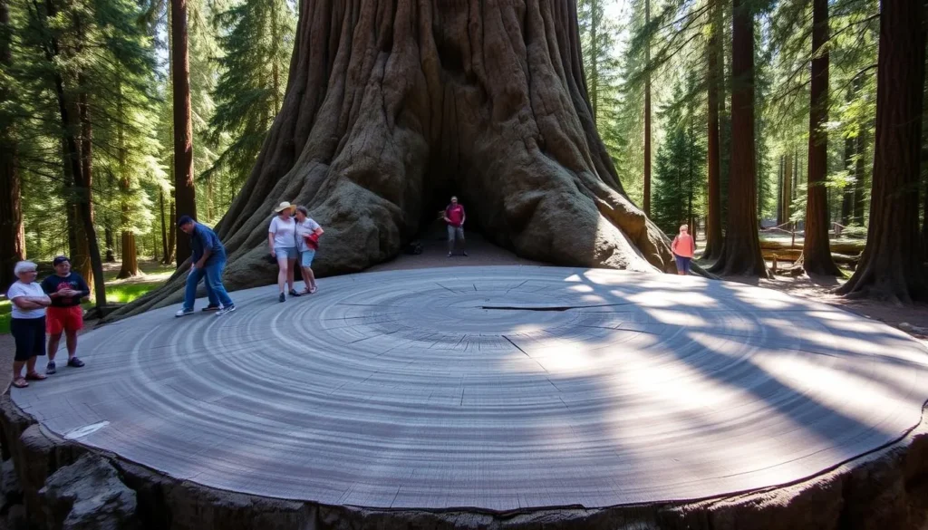 The massive Discovery Tree stump at Calaveras Big Trees State Park with visitors for scale The massive Discovery Tree stump at Calaveras Big Trees State Park with visitors for scale