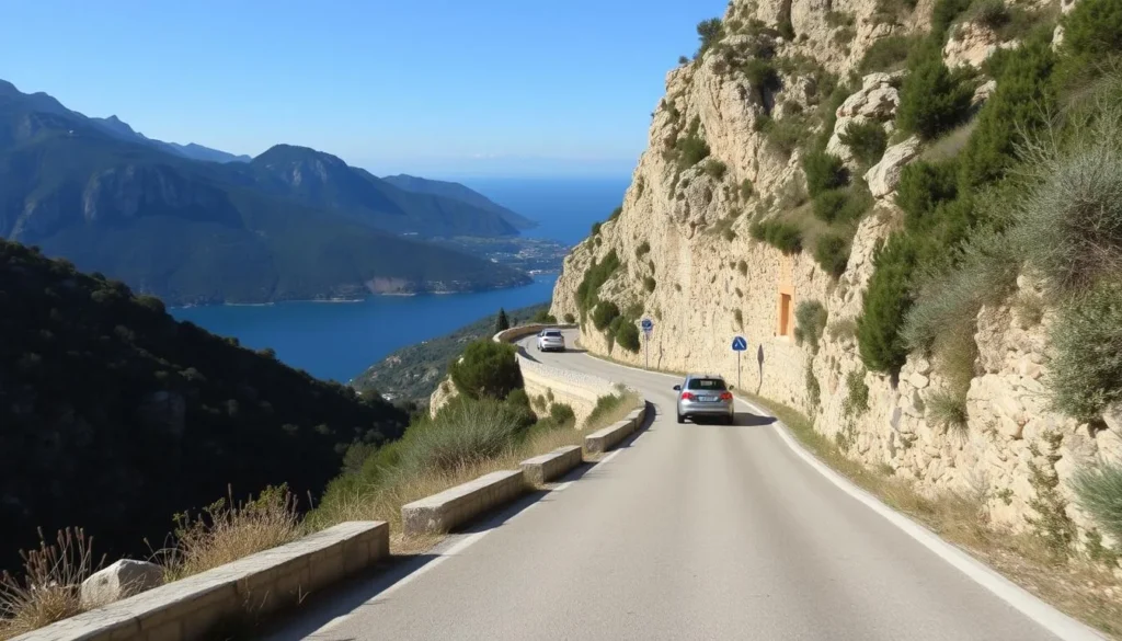 The narrow winding road through Biokovo Nature Park with cars carefully navigating