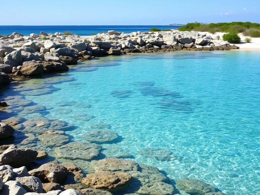 The natural swimming cove at Caleta Buena with crystal clear waters and rocky shoreline The natural swimming cove at Caleta Buena with crystal clear waters and rocky shoreline