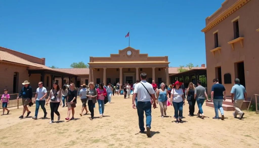 The parade ground at Fort Verde State Historic Park with visitors walking between historic buildings The parade ground at Fort Verde State Historic Park with visitors walking between historic buildings