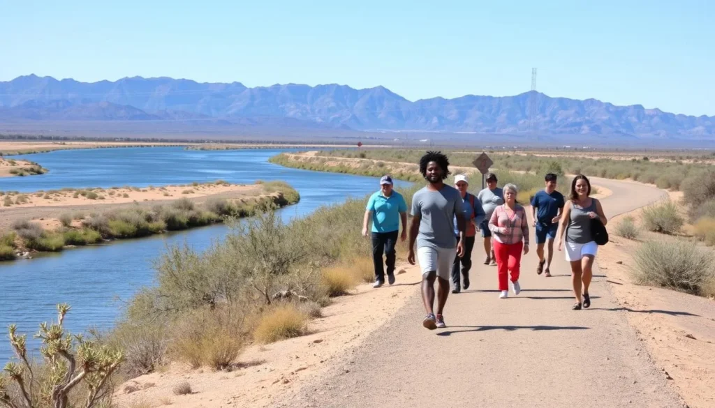 The paved Peninsula Trail at Bill Williams River National Wildlife Refuge with visitors walking