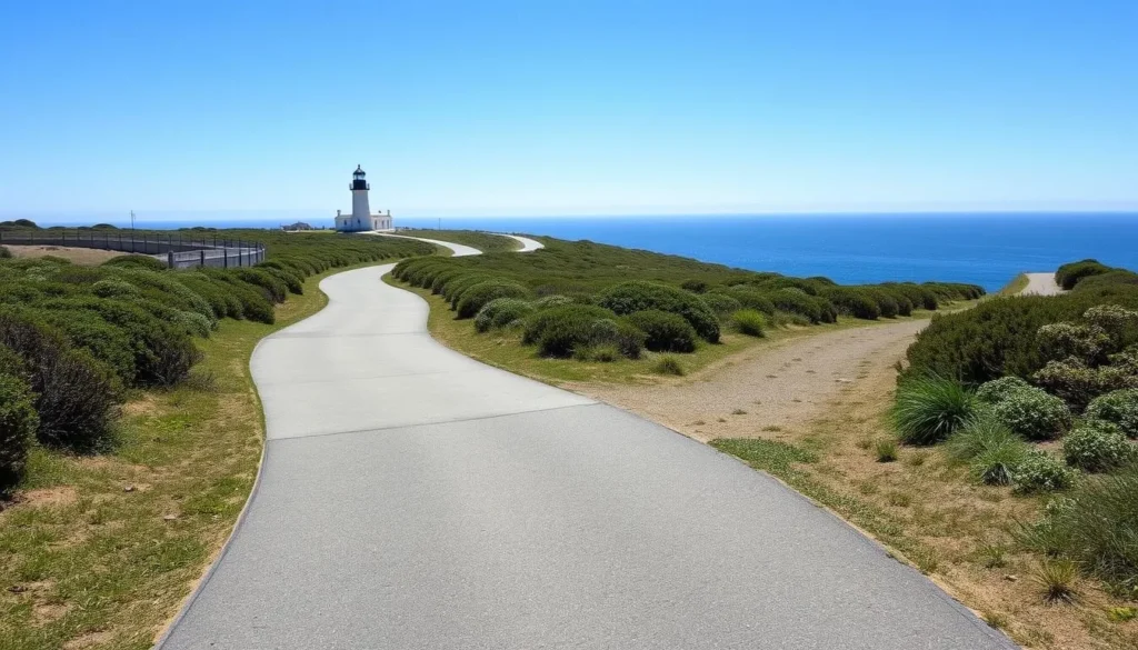 The paved pathway leading from the parking area to the Point Cabrillo Lighthouse with coastal views