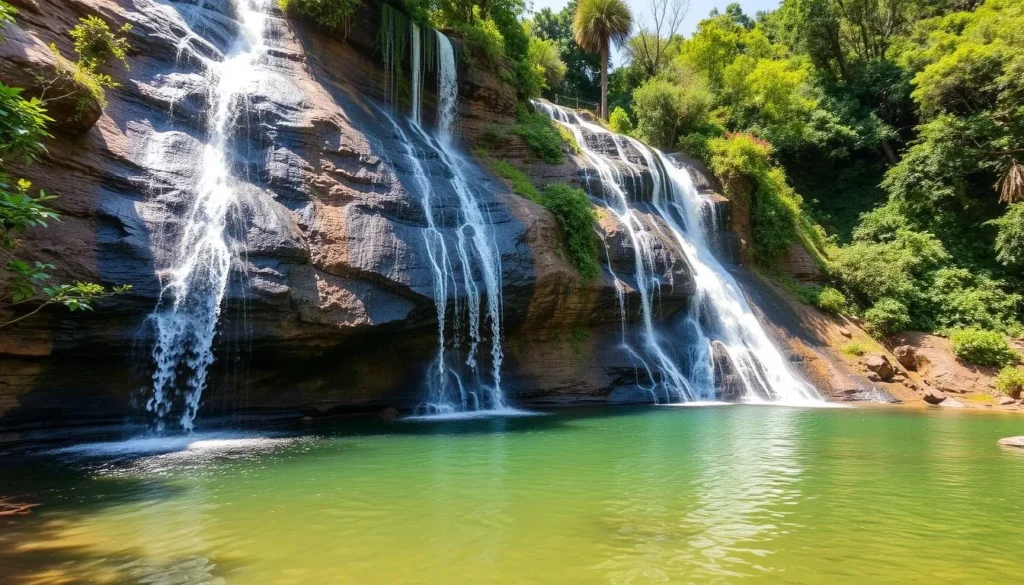 The picturesque Walwanyi Falls on Mount Nusu near Mbale, showing the natural swimming pool at the base of the waterfall