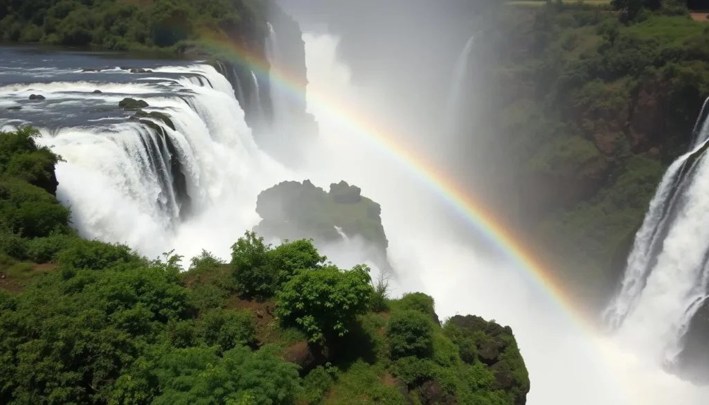 The powerful Murchison Falls waterfall with rainbow in Murchison Falls National Park Uganda The powerful Murchison Falls waterfall with rainbow in Murchison Falls National Park Uganda